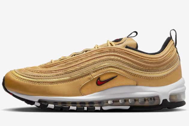 Nike Air Max 97 'Gold Bullet' Metallic Gold/Varsity Red-White-Black DM0028-700 - Stylish and Iconic Sneakers for Men and Women Nike Air Max 97 'Gold Bullet' Metallic Gold/Varsity Red-White-Black DM0028-700 - Stylish and Iconic Sneakers for Men and Women